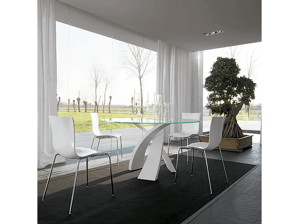 Eliseo ronde tafel met matte witte basis en transparant glazen blad Ø 120 mm dikte 12 mm