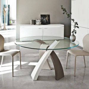 Eliseo ronde tafel met driekleurige basis (wit, beige, modder) transparant glazen blad Ø 120 dikte 12 mm Eliseo ronde tafel met driekleurige basis (wit, beige, modder) transparant glazen blad Ø 120 dikte 12 mm