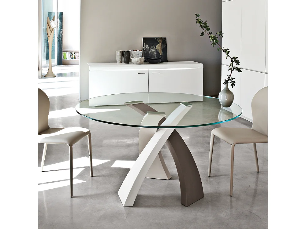 Eliseo ronde tafel met driekleurige basis (wit, beige, modder) transparant glazen blad Ø 120 dikte 12 mm
