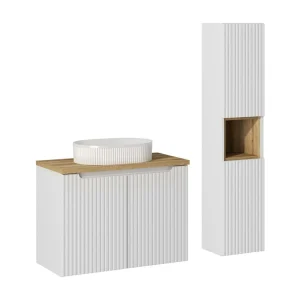 Ensemble VANO wit 110cm: onderkast met kastjes + blad voor wastafel + gegroefde witte opzetwastafel + kolomkast Ensemble VANO wit 110cm: onderkast met kastjes + blad voor wastafel + gegroefde witte opzetwastafel + kolomkast