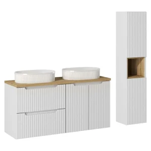 Ensemble VANO wit 150cm: onderkastmeubels met lades en kastjes + blad voor wastafel + twee opbouwwastafels met groeven + colo Ensemble VANO wit 150cm: onderkastmeubels met lades en kastjes + blad voor wastafel + twee opbouwwastafels met groeven + colo