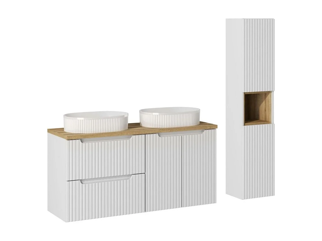 Ensemble VANO wit 150cm: onderkastmeubels met lades en kastjes + blad voor wastafel + twee opbouwwastafels met groeven + colo