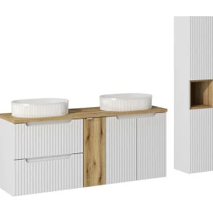 Ensemble VANO blanc 170cm : meubles sous vasque à tiroirs et placards + deux vasques à poser rainurées + colonne