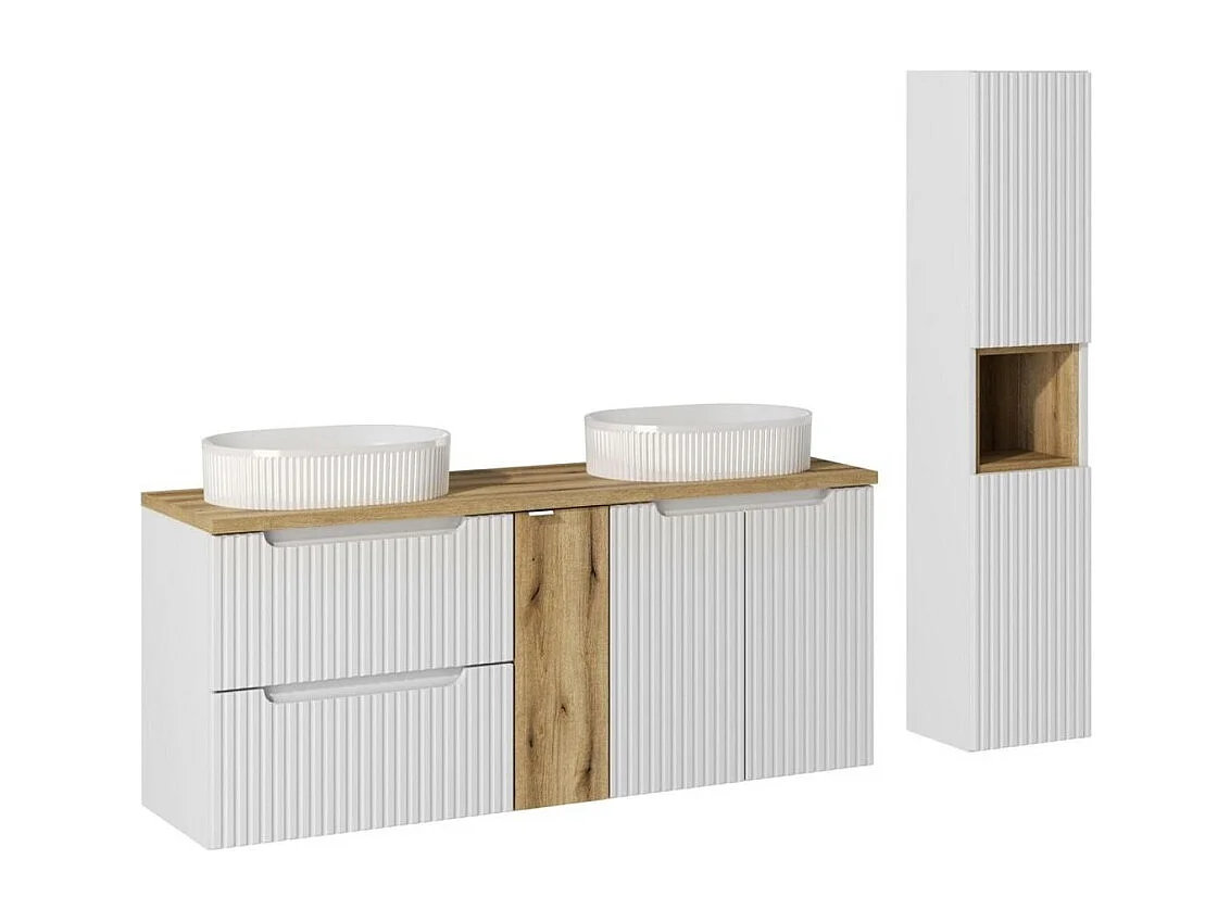 Ensemble VANO blanc 170cm : meubles sous vasque à tiroirs et placards + deux vasques à poser rainurées + colonne