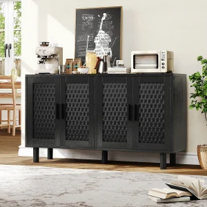 Dressoir van riet met 4 deuren en verstelbare planken – 80 x 40 x 140 cm – Zwart