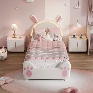 Eenpersoons kinderbed 90×200 cm met ledverlichting – hoofdeinde met konijnenoortjes – fluweel – wit Eenpersoons kinderbed 90×200 cm met ledverlichting – hoofdeinde met konijnenoortjes – fluweel – wit