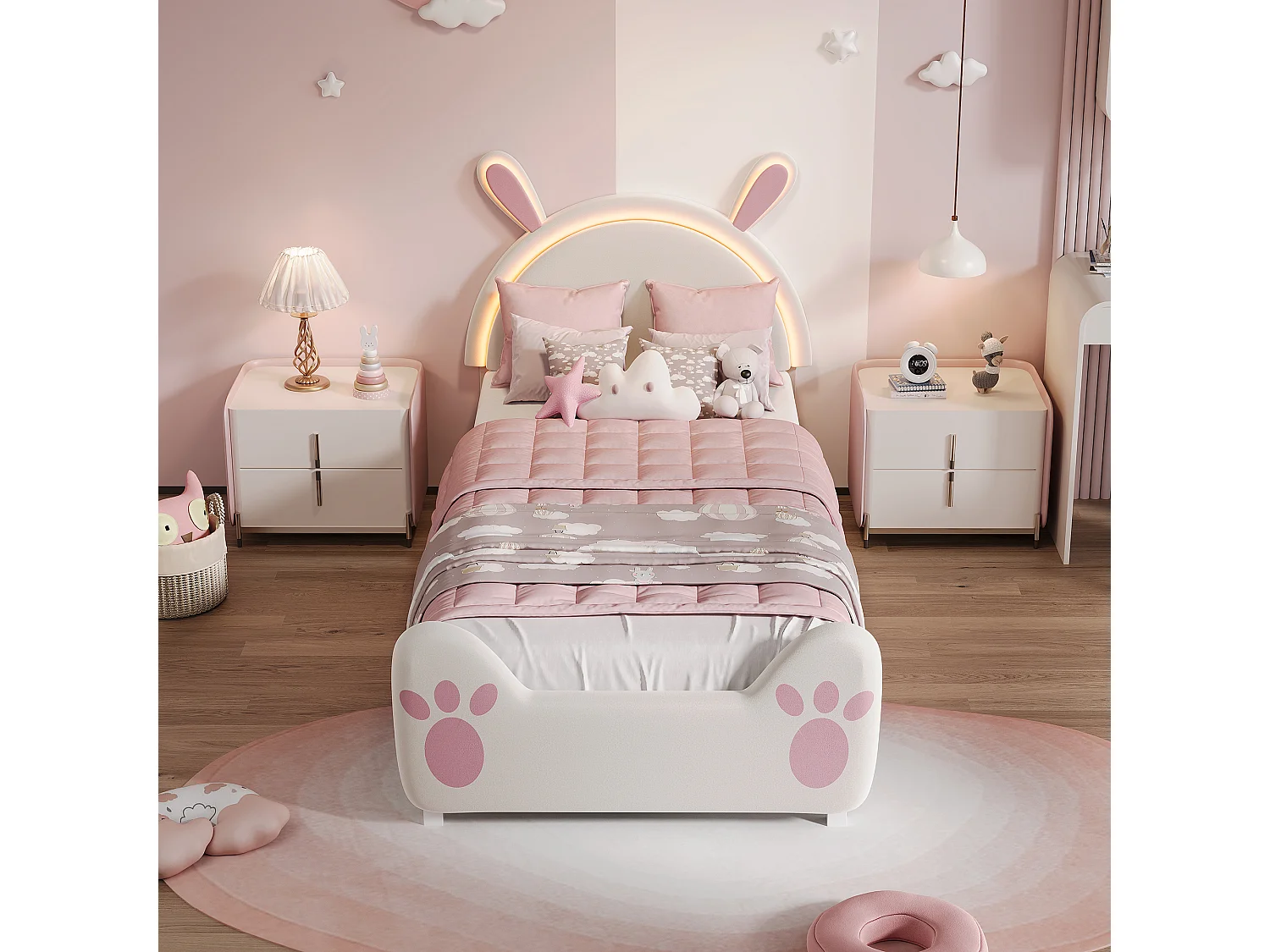 Eenpersoons kinderbed 90x200 cm met ledverlichting - hoofdeinde met konijnenoortjes - fluweel - wit