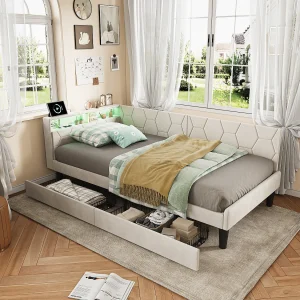 Eenpersoonsbed 90x200cm met LED- en USB-aansluitingen – Hoekbank met slaapfunctie en 2 lades – Fluweel – Beige Eenpersoonsbed 90x200cm met LED- en USB-aansluitingen – Hoekbank met slaapfunctie en 2 lades – Fluweel – Beige
