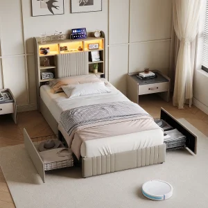 Eenpersoonsbed 90x200cm met ledverlichting en 2 lades – hoofdbord met USB-poorten en opbergruimte – beddengoed – beige Eenpersoonsbed 90x200cm met ledverlichting en 2 lades – hoofdbord met USB-poorten en opbergruimte – beddengoed – beige