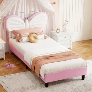 Eenpersoons kinderbed 90×190 cm met leeslamp, verstelbaar vlinderhoofdeinde, fluweel, roze kleur Eenpersoons kinderbed 90×190 cm met leeslamp, verstelbaar vlinderhoofdeinde, fluweel, roze kleur
