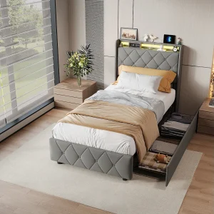 Eenpersoonsbed 90 x 200 cm met 2 lades, ledverlichting en USB-poorten, hoofdbord met opbergruimte, fluwelen bekleding, grijs