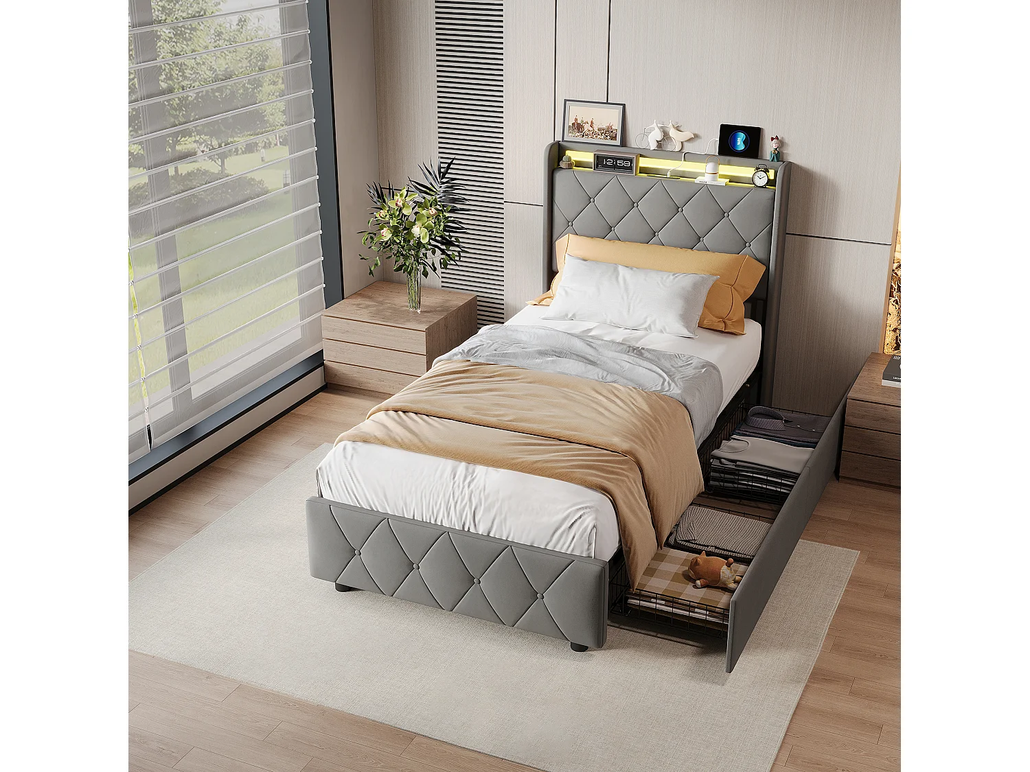 Eenpersoonsbed 90 x 200 cm met 2 lades, ledverlichting en USB-poorten, hoofdbord met opbergruimte, fluwelen bekleding, grijs
