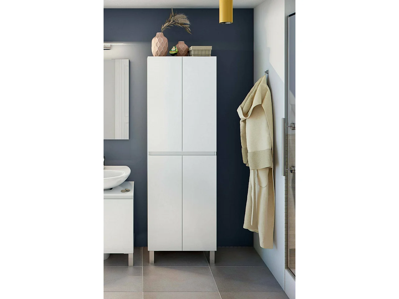 Dzecchi kolomkast, Badkamer- of keukenwandmeubel, Multifunctionele hoge kledingkast, Multifunctionele kast, 60x35 h182 cm, Glanzend wit