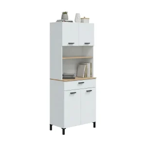 Dzorte dressoir, Woonkamerbuffet, Woonkamerdressoir, Keukenkast, 72×40 h185 cm, Wit en Eiken Dzorte dressoir, Woonkamerbuffet, Woonkamerdressoir, Keukenkast, 72×40 h185 cm, Wit en Eiken