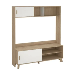 Dteston TV-meubel, Woonkamerdressoir, Lage tv-kast, Voorzien van wandbasis, 159×48 h181 cm, Eiken en Wit Dteston TV-meubel, Woonkamerdressoir, Lage tv-kast, Voorzien van wandbasis, 159×48 h181 cm, Eiken en Wit