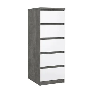 Drobott ladekast, Multifunctionele ladekast, Slaapkamerladekast, Kast met lades, 50×40 h111 cm, Cement en Wit Drobott ladekast, Multifunctionele ladekast, Slaapkamerladekast, Kast met lades, 50×40 h111 cm, Cement en Wit