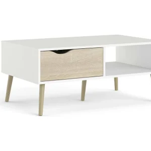 Dvannin salontafel, Lage salontafel, Tijdschriftenrek voor bank, Woonkamerplank, 99×60 h43 cm, Wit en Eiken Dvannin salontafel, Lage salontafel, Tijdschriftenrek voor bank, Woonkamerplank, 99×60 h43 cm, Wit en Eiken