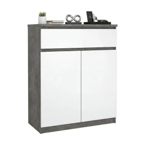 Dsanturr dressoir, Woonkamerbuffet, Woonkamerdressoir, Keukenkast, 80×40 h100 cm, Cement en Wit Dsanturr dressoir, Woonkamerbuffet, Woonkamerdressoir, Keukenkast, 80×40 h100 cm, Cement en Wit