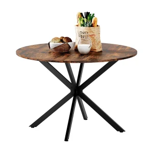 Ronde eettafel 120x120x76 cm, stabiel zonder schommelen, verstelbare poten, ijzer, spaanplaat, zwart en bruin Ronde eettafel 120x120x76 cm, stabiel zonder schommelen, verstelbare poten, ijzer, spaanplaat, zwart en bruin