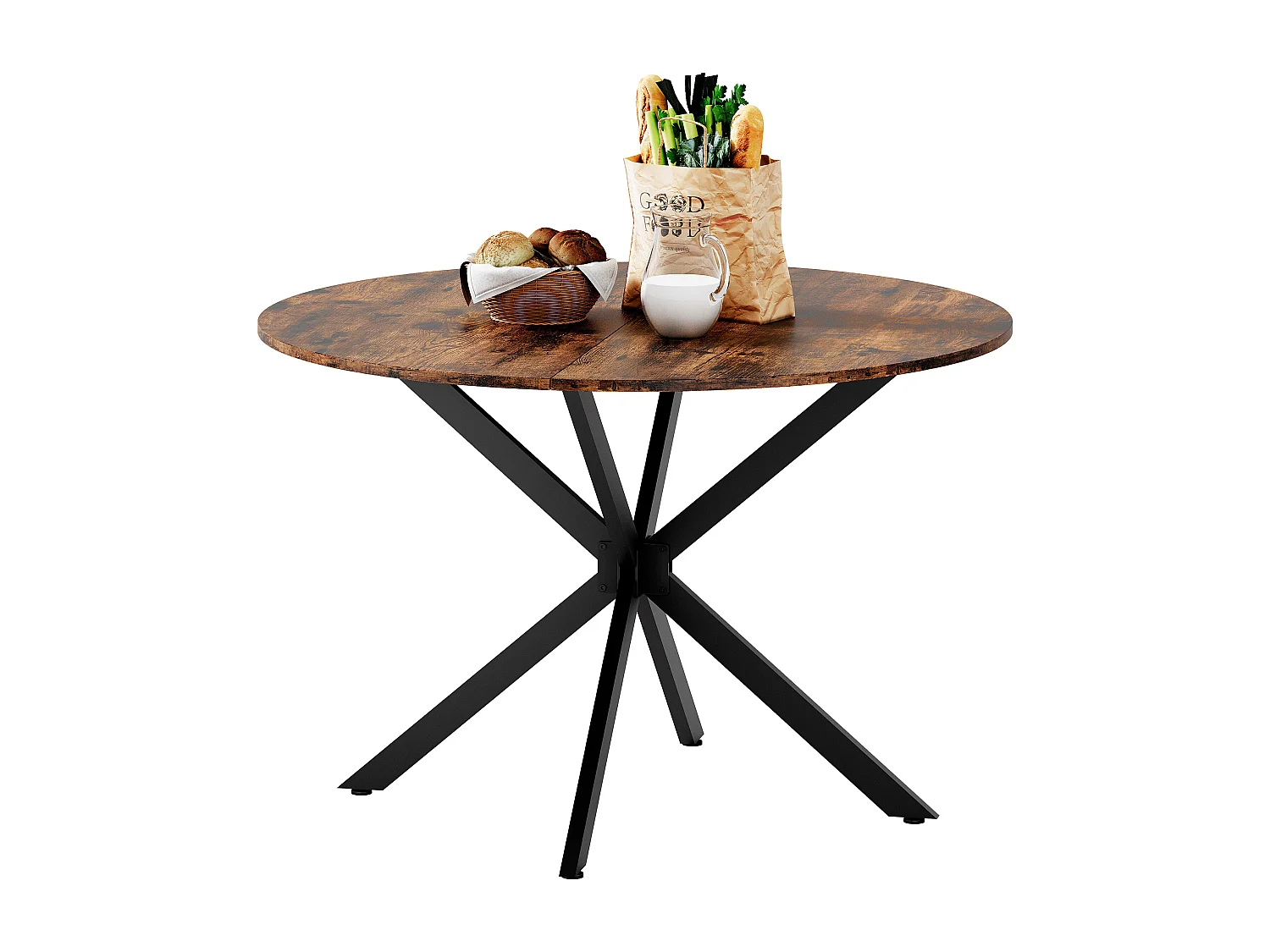 Ronde eettafel 120x120x76 cm, stabiel zonder schommelen, verstelbare poten, ijzer, spaanplaat, zwart en bruin