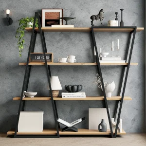 Geometrische vrijstaande plank – 158 x 35 x 166 cm – Metalen boekenkast voor woonkamer/kantoor – MDF – zwart + naturel Geometrische vrijstaande plank – 158 x 35 x 166 cm – Metalen boekenkast voor woonkamer/kantoor – MDF – zwart + naturel