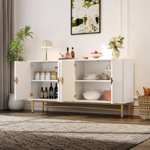 Dressoir met structuurafwerking – 160 x 40 x 82 cm – met 4 deuren – hoogglans gelakte poten – MDF + spaanplaat – wit