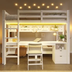 Enfamt stapelbed – 90 x 200 cm + 140 x 200 cm – met LED-verlichting + bureau + lades – hout – wit