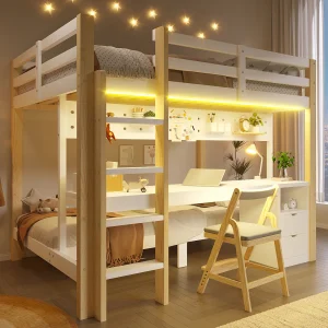 Enfamt stapelbed – 90 x 200 cm + 140 x 200 cm – met LED-verlichting + bureau + lades – hout – naturel + wit