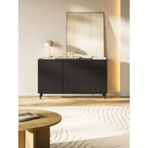 Dressoir met 1 deur – groefstructuur en 3 lades – Zwart – 140 cm – VELDIO NEW Dressoir met 1 deur – groefstructuur en 3 lades – Zwart – 140 cm – VELDIO NEW