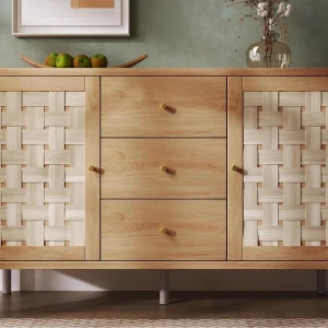 Dressoir 120x40x70cm – met 3 lades en 2 deuren – rotan look – landelijke stijl – met verstelbare planken – eiken kleur