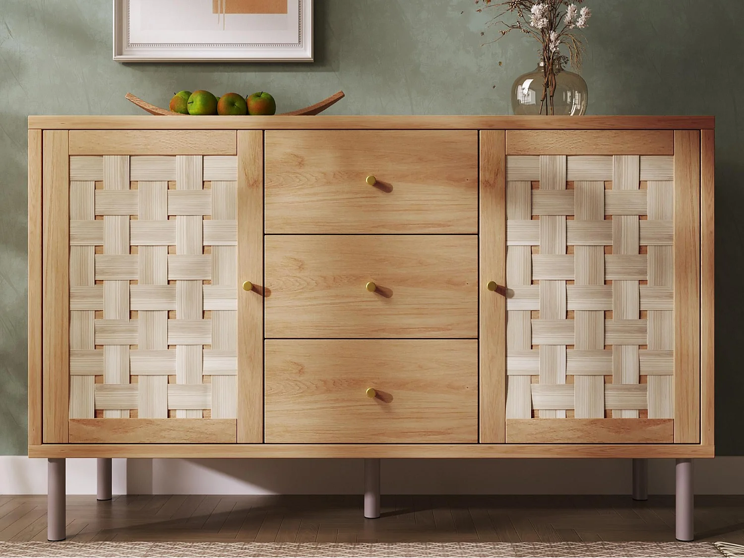 Dressoir 120x40x70cm - met 3 lades en 2 deuren - rotan look - landelijke stijl - met verstelbare planken - eiken kleur