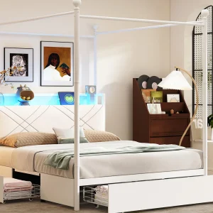 Dubbelbed 140×190 cm – LED-verlichting + USB/Type-C oplaadpoort – 3 lades – Verwijderbare bedposten – wit Dubbelbed 140×190 cm – LED-verlichting + USB/Type-C oplaadpoort – 3 lades – Verwijderbare bedposten – wit