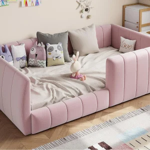 Eenpersoons gestoffeerd bed 90×200 cm – met veiligheidshekken – met lattenbodem – MDF + Linnen – Roze (zonder matras) Eenpersoons gestoffeerd bed 90×200 cm – met veiligheidshekken – met lattenbodem – MDF + Linnen – Roze (zonder matras)