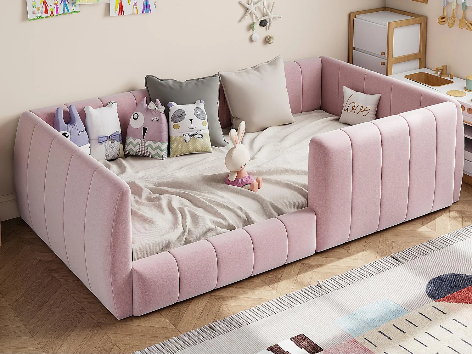 Eenpersoons gestoffeerd bed 90x200 cm - met veiligheidshekken - met lattenbodem - MDF + Linnen - Roze (zonder matras)