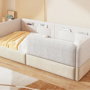 Eenpersoons gestoffeerd bed 90×200 cm – met veiligheidshekken – met 4 opbergzakken – MDF + linnen + PU – Wit (zonder matras) Eenpersoons gestoffeerd bed 90×200 cm – met veiligheidshekken – met 4 opbergzakken – MDF + linnen + PU – Wit (zonder matras)