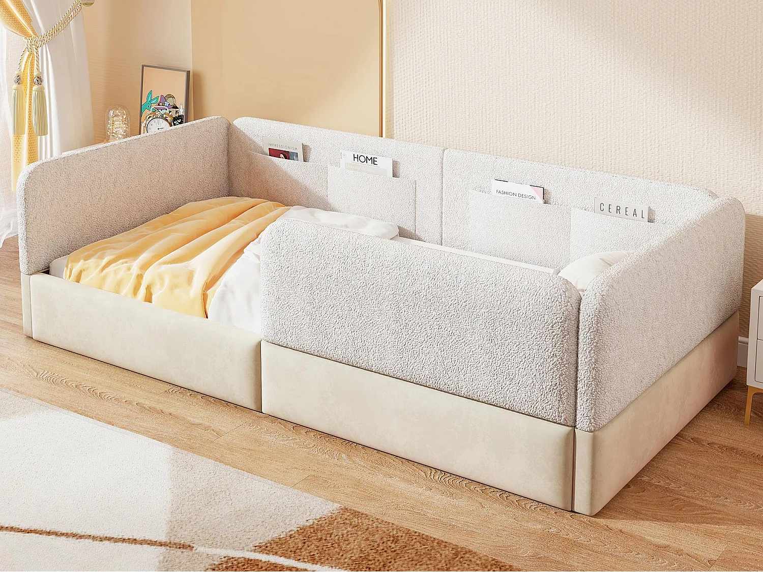 Eenpersoons gestoffeerd bed 90x200 cm - met veiligheidshekken - met 4 opbergzakken - MDF + linnen + PU - Wit (zonder matras)