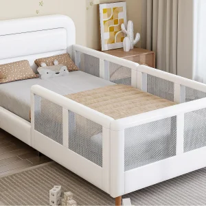 Eenpersoons gestoffeerd bed 90×200 cm – met veiligheidshekken – met lattenbodem – MDF + PU – Wit (zonder matras) Eenpersoons gestoffeerd bed 90×200 cm – met veiligheidshekken – met lattenbodem – MDF + PU – Wit (zonder matras)