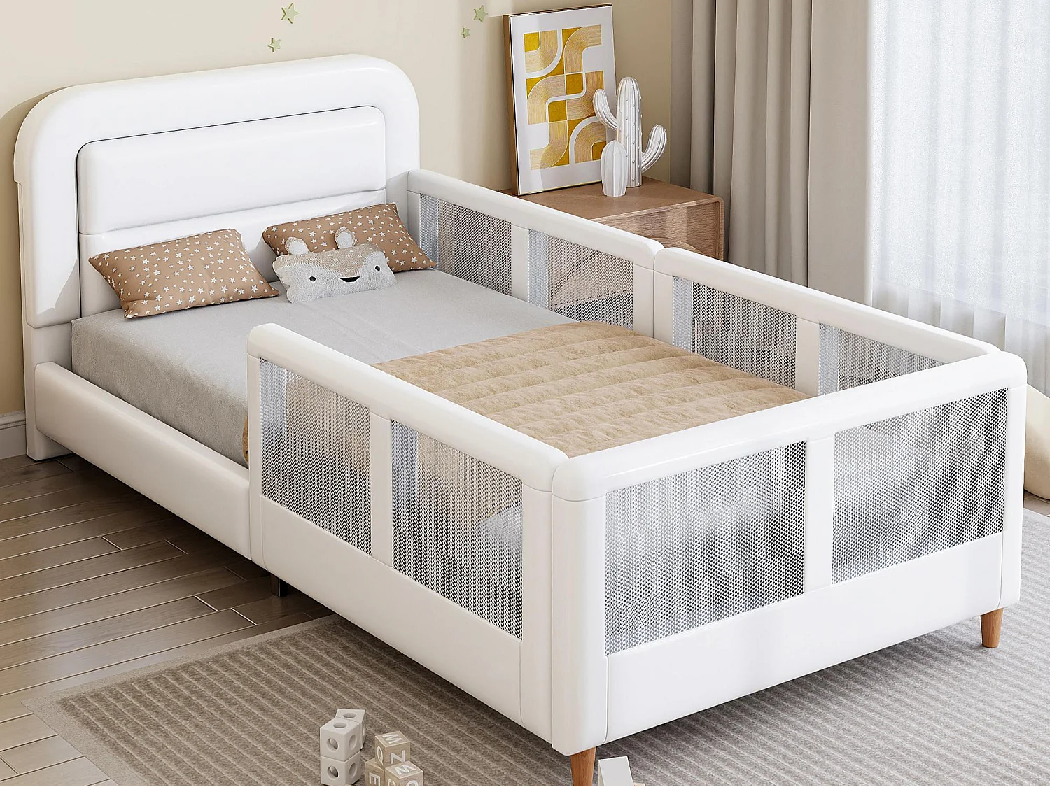 Eenpersoons gestoffeerd bed 90x200 cm - met veiligheidshekken - met lattenbodem - MDF + PU - Wit (zonder matras)
