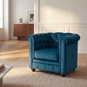 Fauteuil CHESTERFIELD fluweel – eend blauw – 100% katoen Fauteuil CHESTERFIELD fluweel – eend blauw – 100% katoen