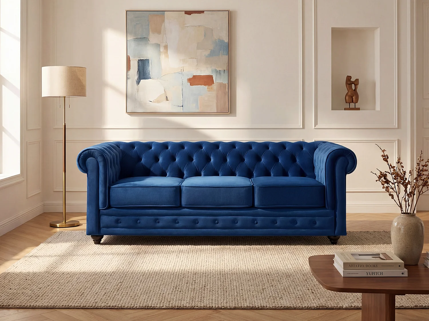 Driezitsbank CHESTERFIELD - fluweel - konings blauw