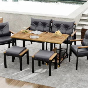 Eetkamerset voor de tuin voor 6 personen – 4 fauteuils – 1 tafel – 2 krukken – verzinkt ijzer – stof die losgemaakt en gewassen kan worden – grijs