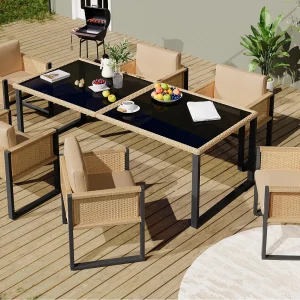 Eetkamerset voor de tuin voor 6 personen – 6 stoelen – 1 tafel – constructie van gegalvaniseerd ijzer – afneembare en wasbare stoffen zittingen – Beige