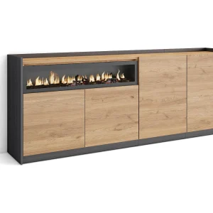 Dressoir, Opbergkast, 207x80x37 cm, 4 Deuren, Elektrische haard, Eiken/Zwart Dressoir, Opbergkast, 207x80x37 cm, 4 Deuren, Elektrische haard, Eiken/Zwart