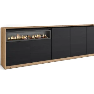 Dressoir, Opbergkast, 260x80x37 cm, 5 Deuren, Elektrische haard, Zwart/Eiken