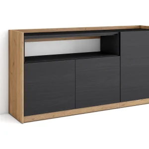 Dressoir, Opbergkast, 156x80x37 cm, 3 Deuren, Woonkamer, hal, Zwart/Eiken