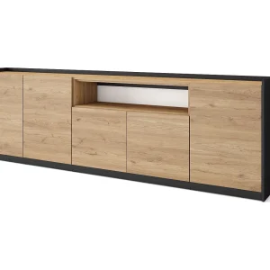 Dressoir, Opbergkast, 260x80x37 cm, 5 Deuren, Woonkamer, hal, Eiken/Zwart