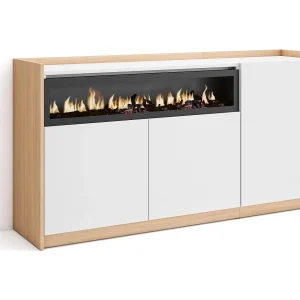 Dressoir, Opbergkast, 156x80x37 cm, 3 Deuren, Elektrische haard, Wit en Eiken soft