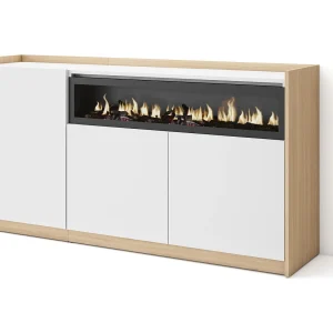 Dressoir, Opbergkast, 156x80x37 cm, 3 Deuren, Elektrische haard, Wit en Eiken soft
