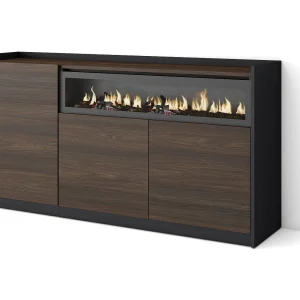 Dressoir, Opbergkast, 156x80x37 cm, 3 Deuren, Elektrische haard, Donkere eik en Zwart