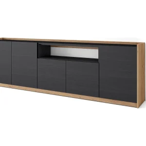 Dressoir, Opbergkast, 260x80x37 cm, 5 Deuren, Woonkamer, hal, Zwart/Eiken